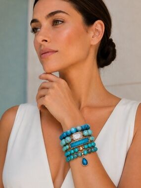 Blue Howlite Agate Beaded Gemstone Bracelet Set